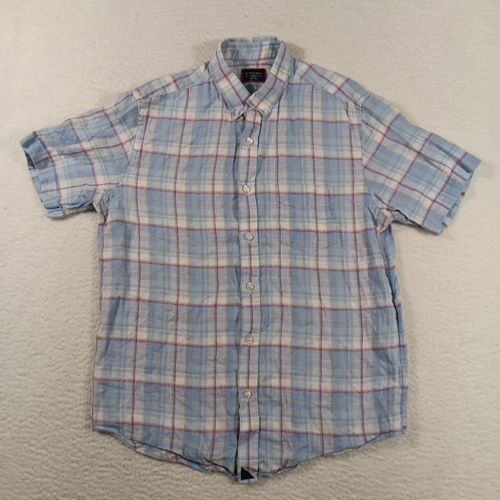Untuckit Shirt Mens Medium Short Sleeve Button Down 100% Linen Plaid